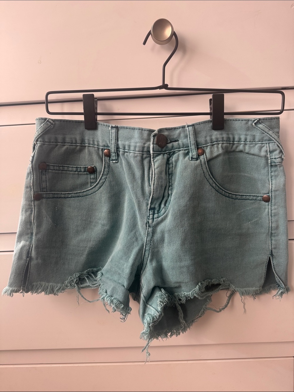 Free People Washed Teal Distressed Denim Shorts